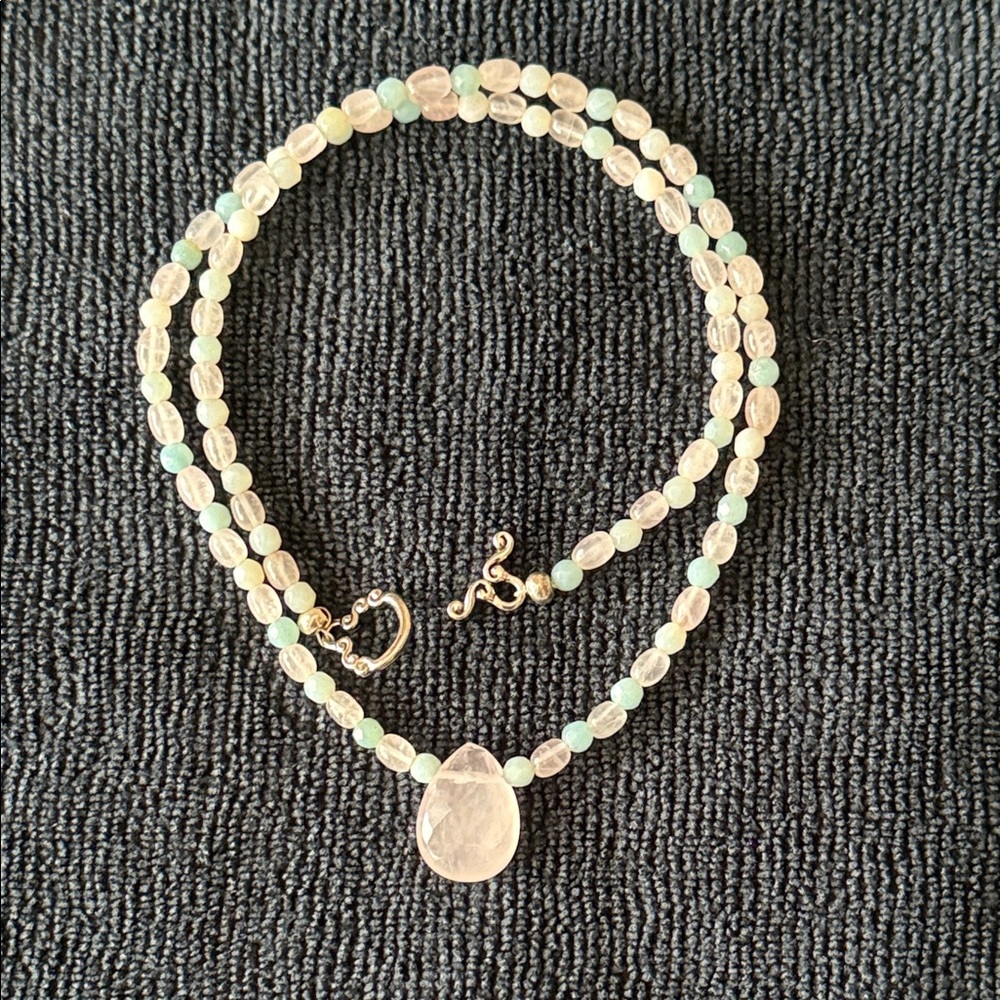 Elegant Rose Quartz and Amazonite teardrop beaded necklace.